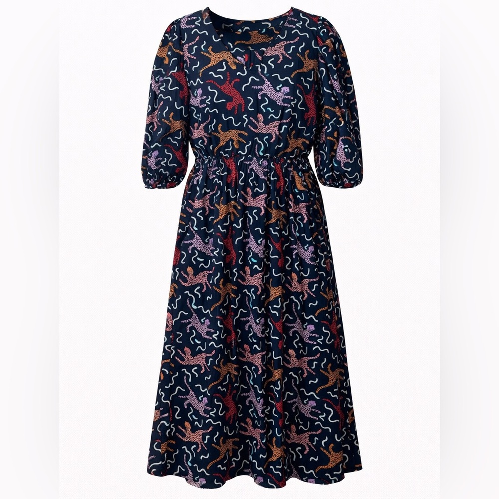 Briton Court Leopard Print Tiered Cotton Dress Colorful Animal Print Midi Medium